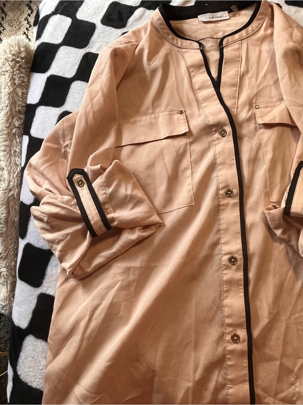 Calvin Klein Peach Blush Longline Button-Down with Black Trim